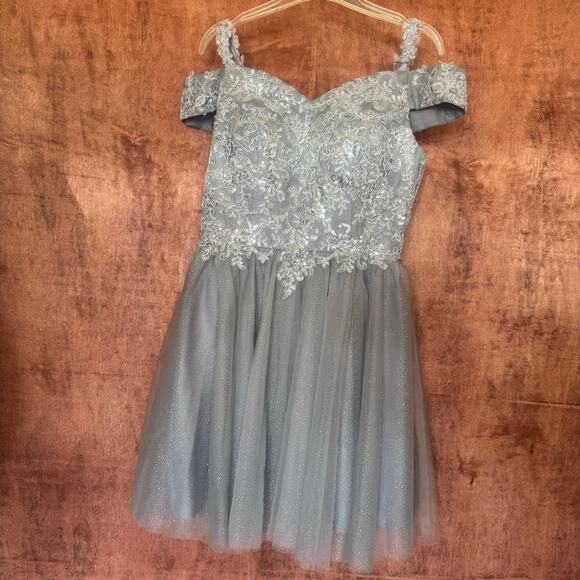 Grey silver sparkle mini dress homecoming wedding US 8 corset back chest support - Picture 4 of 16